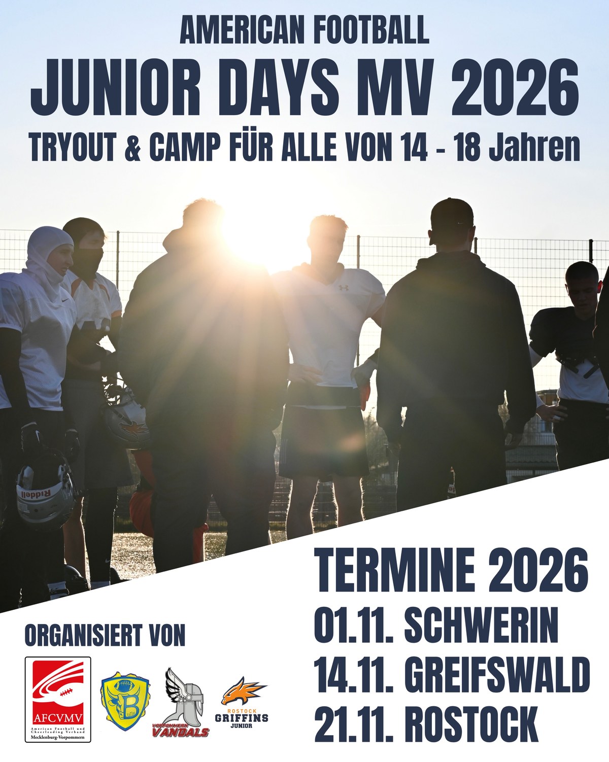 Plakat der Junior Days MV 2026 mit den Terminen: 1. November Schwerin, 14. November Greifswald, 21. November Rostock